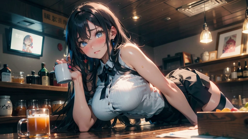 (best quality, 4K, high resolution, masterpiece:1.2, Extremely detailed),Large Breasts,30 years old girl,独奏,black hair,long hair,blue eyes,sad,tears,(drunk,blush),sitting,drinking,((Mature sexy body)),Black stockings,Black tight skirt, Mature sexy body,holding mug,counter,pub,