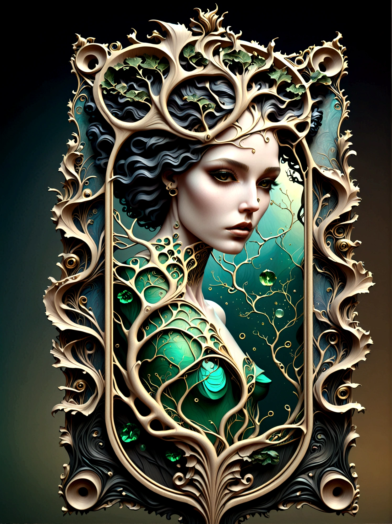 a beautiful portrait of a woman with the tree of life flowing from her head in an abstract marble texture in a tarot style frame, with colors of obsidian black, shiny gold, and emerald green, highly detailed, intricate design, BY Anne Bachelier,
