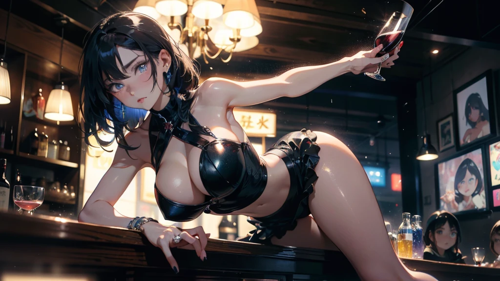 (Sad expression wife),A woman mature and sexy,Delicate face,Sitting at the bar with a glass of wine, (black hair),(Eyes with large blue irises,,(Large Breasts),Big buttocks,(5 feet tall)), Pop music (masterpiece, best quality:1.1),Detailed hands,Pop musicart style,