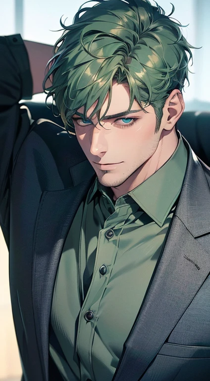 (best quality,4k,8k,highres,masterpiece:1.2),ultra-detailed,(realistic,photorealistic,photo-realistic:1.37),1 man,31 years old,mature man,very handsome,without expression,smile,short green hair,blue eyes,penetrating gaze,perfect face without errors,imposing posture,businessman,office background,cinematic lighting,hdr image