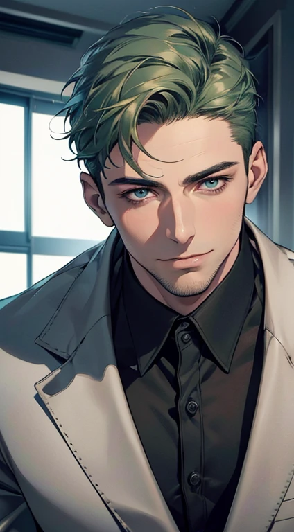 (best quality,4k,8k,highres,masterpiece:1.2),ultra-detailed,(realistic,photorealistic,photo-realistic:1.37),1 man,31 years old,mature man,very handsome,without expression,smile,short green hair,blue eyes,penetrating gaze,perfect face without errors,imposing posture,businessman,office background,cinematic lighting,hdr image