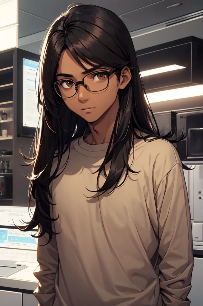 1 MALE WITH PERFECTLY ROUND GLASSES, LIFGT BROWN SKIN TONE, SKINNY BODY, SOUTH ASIAN, BLACK HAIR, 35CM LONG HAIR, WOLFCUT HAIR, BANGS, HAIR DOWN, HAIR COVERING FOREHEAD, BLACK SHIRT, GAMER, LONG SLEEVE