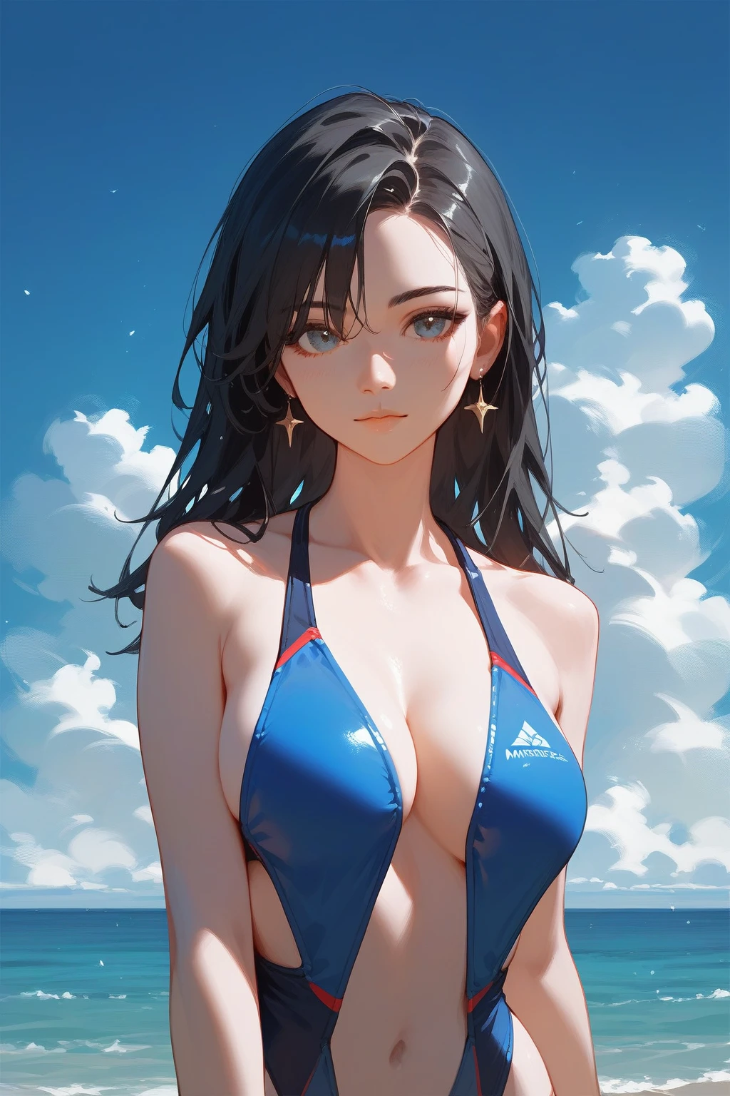 (best quality, masterpiece, perfect face) black hair, 18 years old pale girl, big bust, swimsuit
