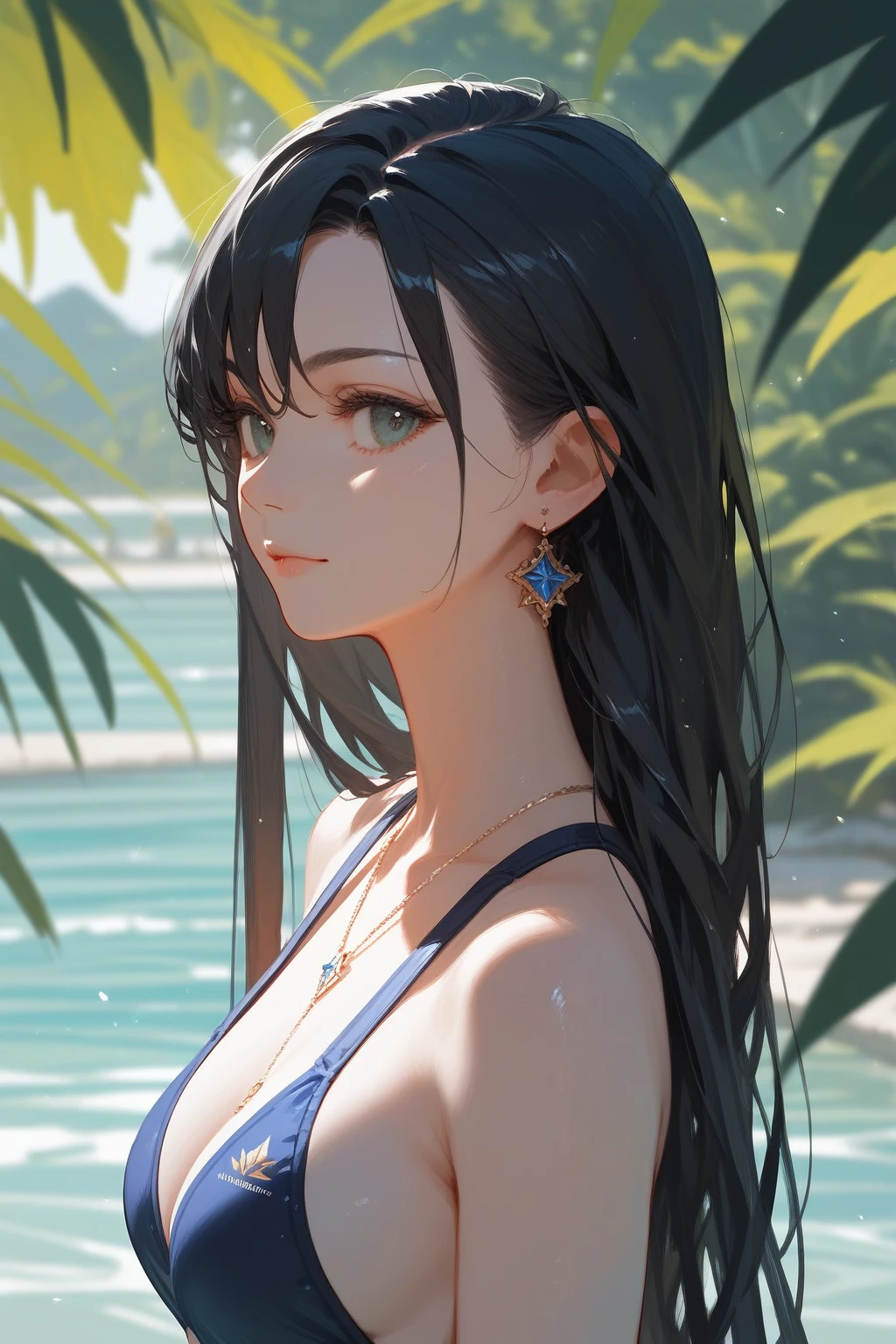 (best quality, masterpiece, perfect face) black hair, 18 years old pale girl, big bust, swimsuit