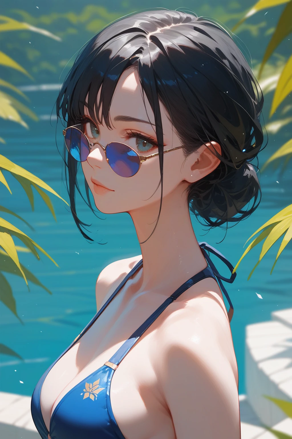 (best quality, masterpiece, perfect face) black hair, 18 years old pale girl, big bust, swimsuit