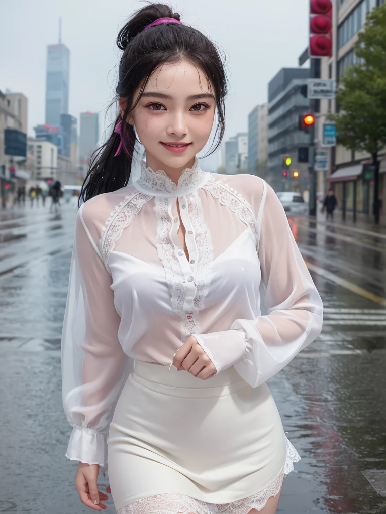 ((best quality, 8K, masterpiece: 1.3)),upper body,Black Hair, black eye,sharp focus: 1.2, beautiful woman with a perfect body: 1.4, ((ponytail, large: 1.2)), (small and beautiful hard (White long sleeve blouse with lace、Silk Tight darkmagenta long skirt), (wet from rain: 1.2), (rain, street: 1.2), wet body: 1.1, Highly detailed face and skin texture, detailed eyes, double eyelids, White skin,,E cup,smile,Financial district of the big city,Skyscraper,White skin,Wet Hair、Wet Skin、Wet clothes、smile、