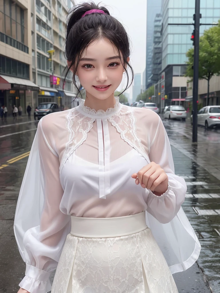 ((best quality, 8K, masterpiece: 1.3)),upper body,Black Hair, black eye,sharp focus: 1.2, beautiful woman with a perfect body: 1.4, ((ponytail, large: 1.2)), (small and beautiful hard (White long sleeve blouse with lace、Silk Tight darkmagenta long skirt), (wet from rain: 1.2), (rain, street: 1.2), wet body: 1.1, Highly detailed face and skin texture, detailed eyes, double eyelids, White skin,,E cup,smile,Financial district of the big city,Skyscraper,White skin,Wet Hair、Wet Skin、Wet clothes、smile、 