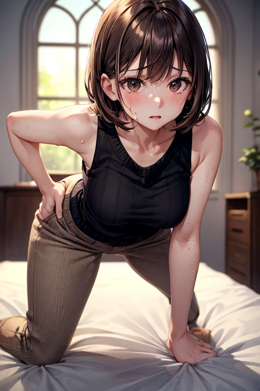(masterpiece, supreme quality), 1 very cute girl, (Sensual:1.5), Brown Hair, super short hair, bangs pinned back, beautiful large bust, (stand on knees:1.2), (arch the body backward:1.2), whole body, Sweat, vapor, (Motion Blur, attractive animation, trembling:1.2), on the bed, (black sleeveless knit:1.2), herringbone brown pants, spread legs, show her hip