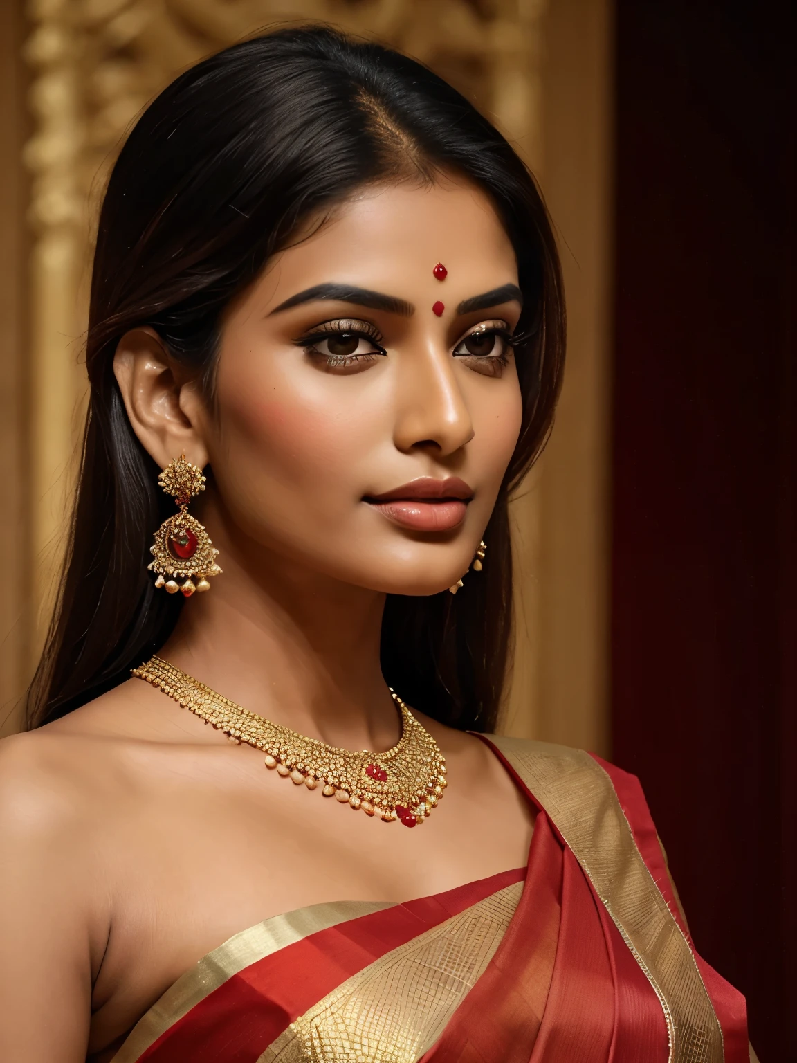 a close up of a woman wearing a red sari and gold earrings, indian super model, jaw-dropping beauty, jaw dropping beauty, very attractive and beautiful, indian goddess, traditional beauty, indian, gorgeous woman, very extremely beautiful, gorgeous beautiful woman, fine details. red, very beautiful woman, attractive and beautiful, dressed in a sari, very very beautiful woman