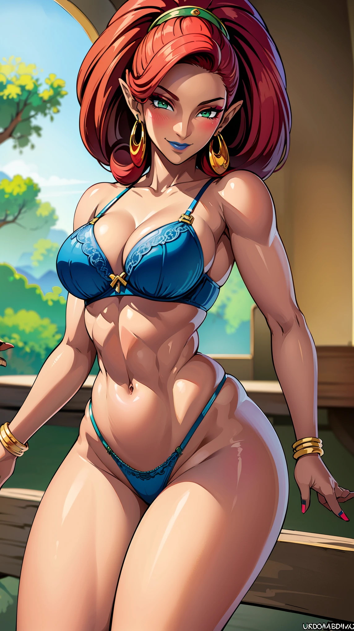 best quality, high resolution, large breasts, red hair, blush, smile, cowboy shot, looking at viewer, Urbosa, blue lip, Green eyes, (((sexy lingerie)))