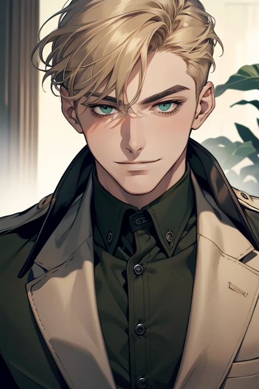 masterpiece, best quality, realistic, 1man, mature male, quiet and charming young man, 18 years old, smirk and look on the side, closed mouth, portrait, extremely detailed face, smirk, (dark green eyes), (short-side-swept sandy blonde hair)), [thick eyebrows], (detective clothing)