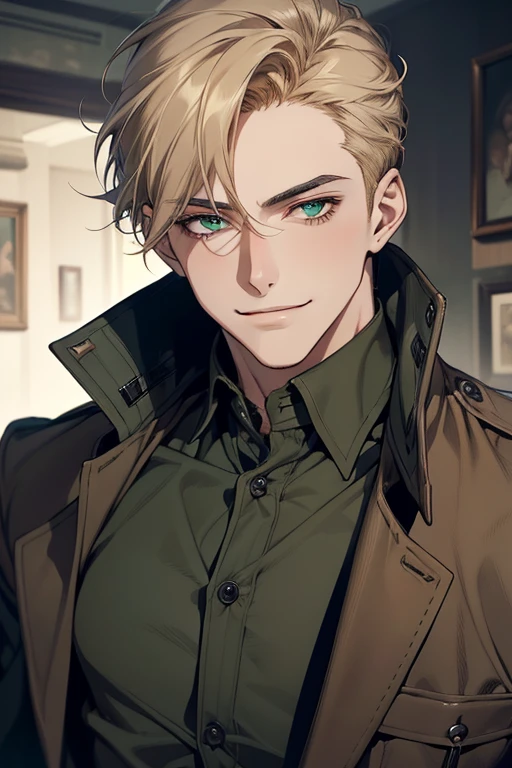 masterpiece, best quality, realistic, 1man, mature male, quiet and charming young man, 18 years old, smirk and look on the side, closed mouth, portrait, extremely detailed face, smirk, (dark green eyes), (short-side-swept sandy blonde hair)), [thick eyebrows], (detective clothing)