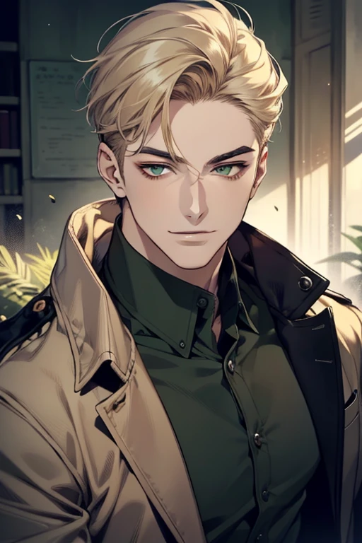 masterpiece, best quality, realistic, 1man, mature male, quiet and charming young man, 18 years old, smirk and look on the side, closed mouth, portrait, extremely detailed face, smirk, (dark green eyes), (short-side-swept sandy blonde hair)), [thick eyebrows], (detective clothing)