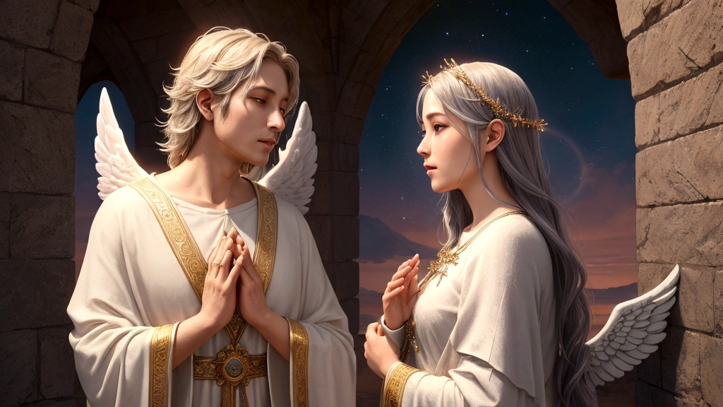 "Description: Depict individuals on their spiritual journeys, experiencing profound moments of divine encounter or revelation, such as a vision of heaven or a comforting presence in a time of need.
Details: Use ethereal lighting and soft colors to highlight the spiritual and transcendent nature of these encounters. Include elements like radiant light, angelic figures, or heavenly landscapes in the background. This visual should capture the transformative impact of personal spiritual experiences."