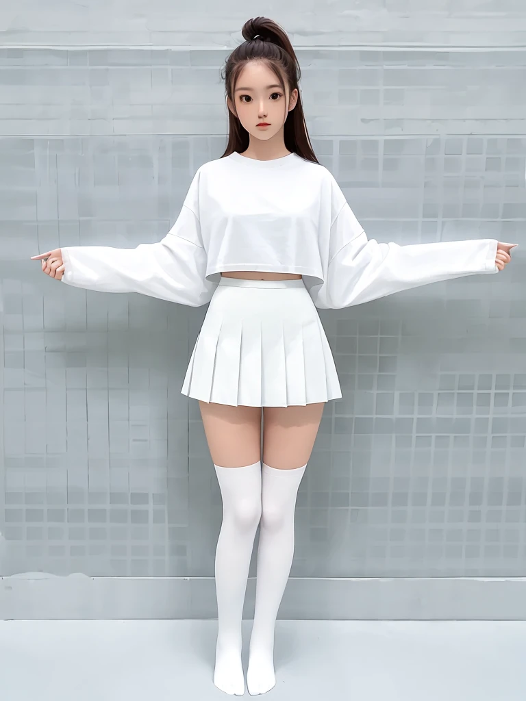 A woman wearing white knee-high socks、White T-shirt、White mini skirt、Japanese、Standing posture、The whole body is in it、Highest quality、Looking this way、