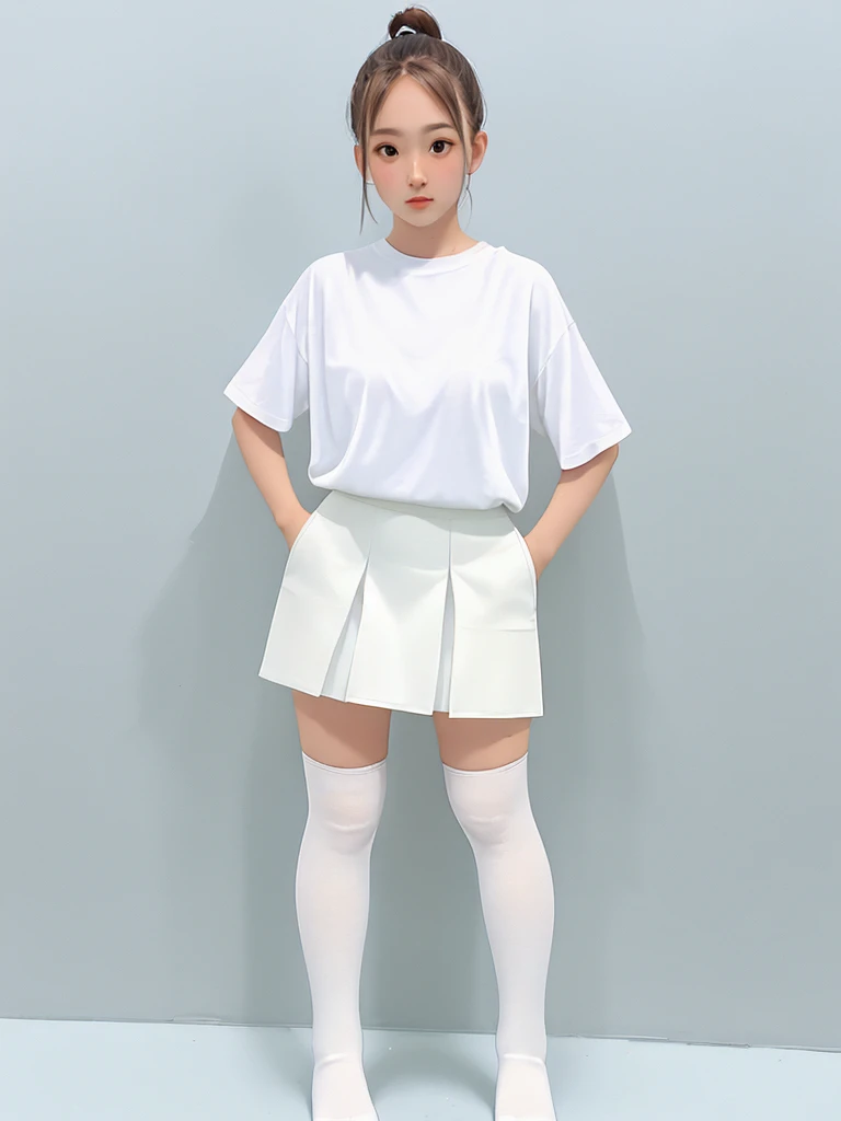 A woman wearing white knee-high socks、White T-shirt、White mini skirt、Japanese、Standing posture、The whole body is in it、Highest quality、Looking this way、15 years old