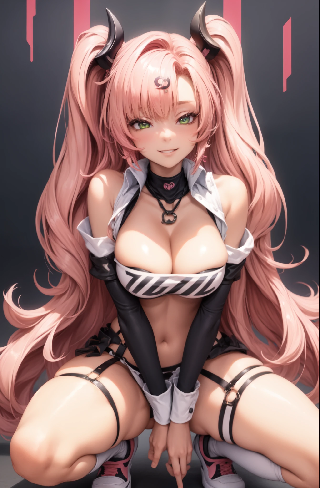 big lips, pink hair, pink eyes, japanese face, gyaru, huge , wide hips, sexy, p theme, kawaii, detailed, decora, bangs, grin, gyaru outfit, kawaii, pink and black outfit,, horns, cute succubus, small succubus wings, winking, eye wink, , twin tails, winky face, , nicole demara, cityscpe, city scape, city background, nicole zzz, zenless zone zero, crouching, sneakers, from below, perfect angle, HD quality, 8k, perfect quality, green eyes, massive breasts, se