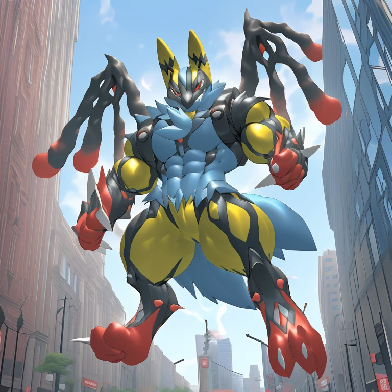 (Solo. masterpiece. official art. 8k. best quality. detailed full body. full body.)
(situation 1 : dominating Shiny_Mega_Lucario. Shiny_Mega_Lucario is over 1000 meters long. focus GIANT mechanical Muscular Shiny_Mega_Lucario is trampling the city. Looking down. macro. stomp. Low-angle perspective. emphasizing the immense size. He is much bigger than a skyscraper. Giga Giants. looking down. foot focus, (soles:1.2))
(situation 2 :smoke and flames rising from the destruction in the city)
(Additional details 1: wearing a full-face helmet. golden armor. high-tech bio-mecha armor. real texture material. whole body shines like metal. emphasizes the muscles. suit fully made of metal. intricate armor. Robotic suit. suit fully made of metal.).
(Additional details 2: (Detailed head. Detailed Body. Detailed abs. gigantic muscles. HYPER MUSCLES. Gigachad Muscular. big muscle. pecs. triceps. traps. unusually developed muscular body. body full of huge muscles. showing off muscles. pectorales enormes. Exaggeratedly huge muscles. huge muscles. long legs. abs.).
(Additional details 3: Spread wings. It has wings. have big wings. The claws are sharp. Sharp teeth.).