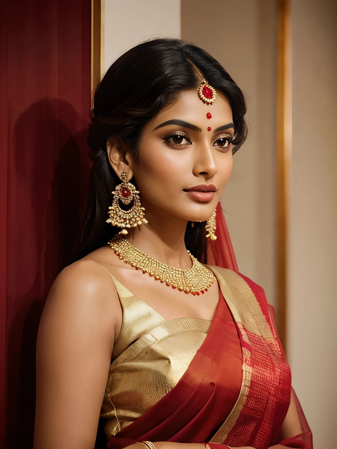 a close up of a woman wearing a red sari and gold earrings, indian super model, jaw-dropping beauty, jaw dropping beauty, very attractive and beautiful, indian goddess, traditional beauty, indian, gorgeous woman, very extremely beautiful, gorgeous beautiful woman, fine details. red, very beautiful woman, attractive and beautiful, dressed in a sari, very very beautiful woman