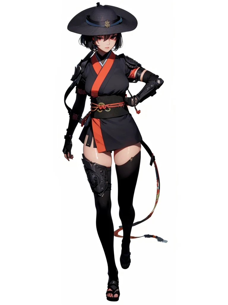 ((1girl, solo)), beautiful body, (perfect anatomy, perfect body, perfect hands, perfect legs), (five fingers:1.5), natural proportions, sexy body, large breasts BREAK
((extremely detailed face)), (beautiful detailed eyes:1.6), (realistic pupils, realistic iris:1), expressive eyes, looking at viewer, (clear eyes:1.3), (hyperrealistic:1.2), (detailed skin texture:1.2), smooth skin, (black hair:1.5), (red eyes:1.3), ((mature female)), (detailed lips:1.2), (attractive lips:1.1), (glossy lips:1.1), (parted lips), perfect face, perfect eyes BREAK
japanese clothes, (short kimono:1.5), puffy short sleeves, sash, black elbow gloves, fingerless gloves, (arm guard:1.5), thighs, black thighhighs, ass visible through thighs, samurai hat BREAK
(masterpiece:1.5), anime-style, top quality, best quality, (beautiful and aesthetic:1.2), (ultra detail:1.5), Ultra-detailed depiction, Ultra-precise depiction, extremely detailed 8k illustration, high resolution, (highly detailed shading:1.2), (realistic lighting:1.4), perfect lighting, vibrant colors, dynamic tones, striking hues, 8k, absurd resolution, perfect shadows, hdr, UHD, ambient lighting, realistic, ultra-realistic, photo realistic, highly detailed, rich detail, luminous colors, fine texture, intricate design, professional illustration, (soft light:1.2), (illustration:0.7)