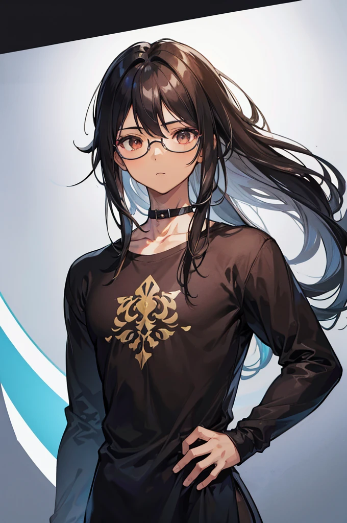 1 MALE WITH PERFECTLY ROUND GLASSES, LIFGT BROWN SKIN TONE, SKINNY BODY, SOUTH ASIAN, BLACK HAIR, LONG HAIR, WOLFCUT HAIR, BANGS, HAIR DOWN, HAIR COVERING FOREHEAD, BLACK SHIRT, GAMER, LONG SLEEVE