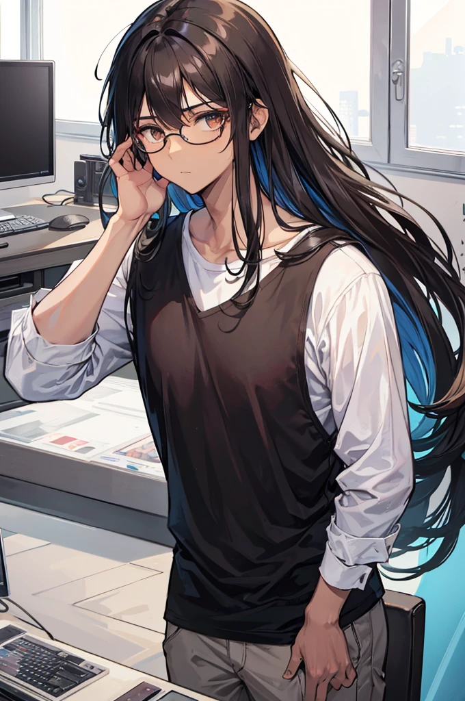 1 MALE WITH PERFECTLY ROUND GLASSES, LIFGT BROWN SKIN TONE, SKINNY BODY, SOUTH ASIAN, BLACK HAIR, LONG HAIR, WOLFCUT HAIR, BANGS, HAIR DOWN, HAIR COVERING FOREHEAD, BLACK SHIRT, GAMER, LONG SLEEVE