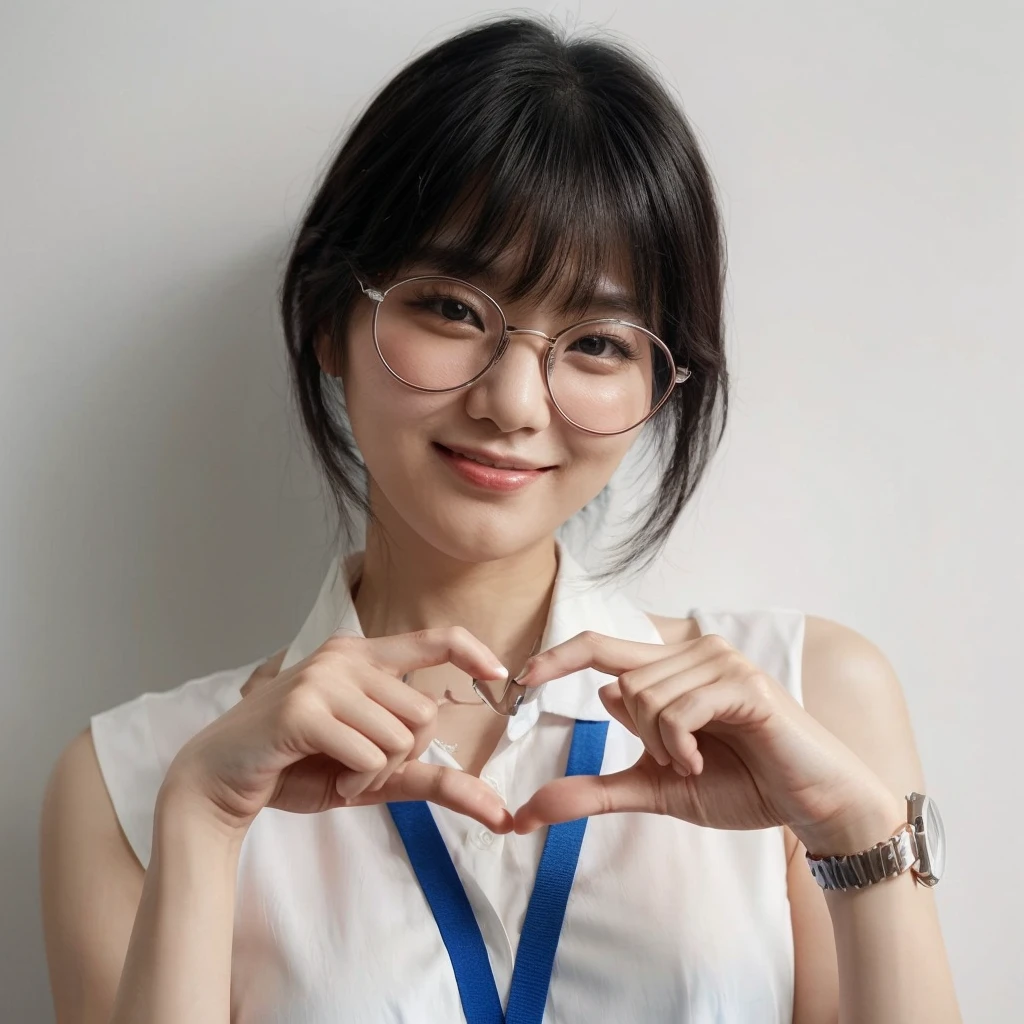 A korean female with medium black hair wearing large glasses is forming a heart shape with their hands. They are dressed in a sleeveless white blouse and have a blue lanyard around their neck. The expression is cheerful, with a smile and a wink. The background is clean and minimalistic with a white wall.