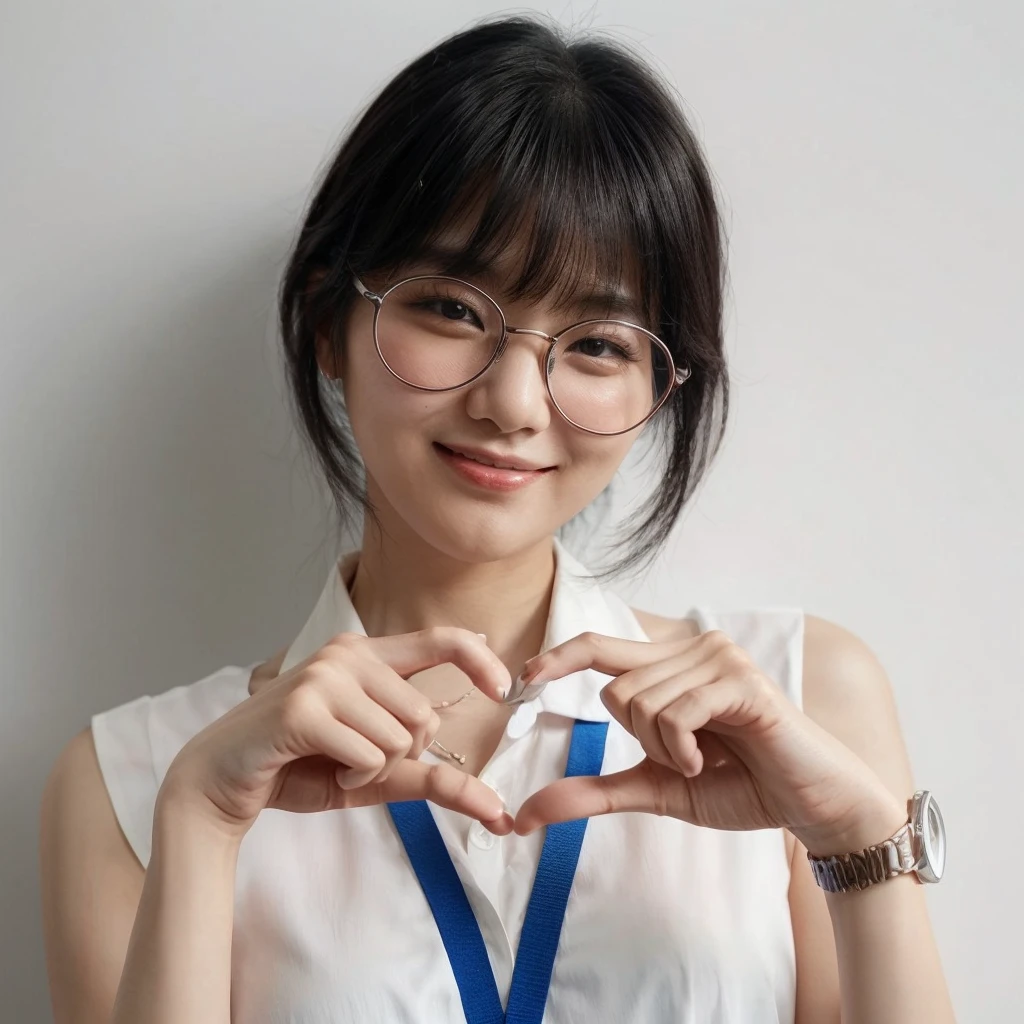 A korean female with medium black hair wearing large glasses is forming a heart shape with their hands. They are dressed in a sleeveless white blouse and have a blue lanyard around their neck. The expression is cheerful, with a smile and a wink. The background is clean and minimalistic with a white wall.