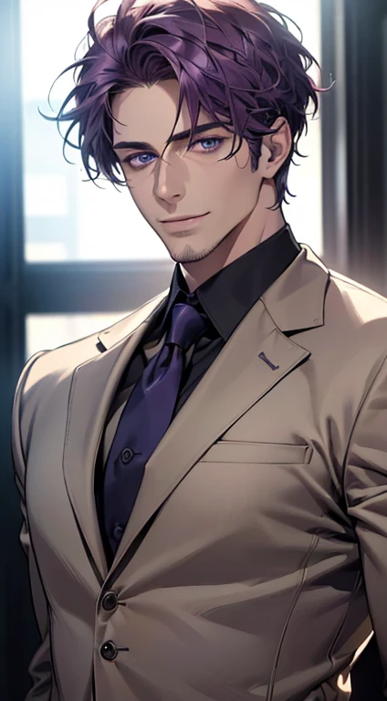 (best quality,4k,8k,highres,masterpiece:1.2),ultra-detailed,(realistic,photorealistic,photo-realistic:1.37),1 man,31 years old,mature man,very handsome,without expression,smile,short purple hair,blue eyes,penetrating gaze,perfect face without errors,imposing posture,businessman,office background,cinematic lighting,hdr image
