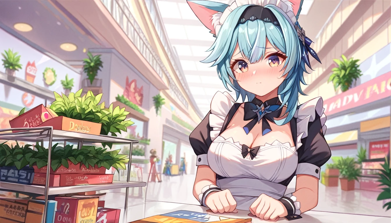 ((1girls:1.3)), ((moe style:1.3)), eula (genshin impact), ((shopping mall:1.3)), ((maid outfit:1.3)), ((animal ears:1.3)), ((shy:1.3)), blush, large breasts, ((perfect face)), ((extremely cute:1.3)), ((masterpiece:1.3)), ((8k)), ((best quality:1.3)), ((beautiful)), ((extremely detailed:1.3)) , ((absurdres)), AddXL, ((score_9:1.3)), ((score_8_up:1.3)), ((score_7_up:1.3))