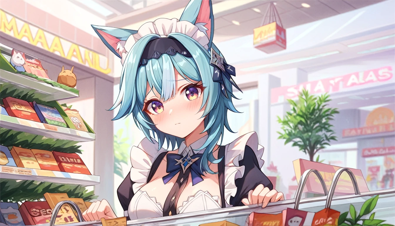 ((1girls:1.3)), ((moe style:1.3)), eula (genshin impact), ((shopping mall:1.3)), ((maid outfit:1.3)), ((animal ears:1.3)), ((shy:1.3)), blush, large breasts, ((perfect face)), ((extremely cute:1.3)), ((masterpiece:1.3)), ((8k)), ((best quality:1.3)), ((beautiful)), ((extremely detailed:1.3)) , ((absurdres)), AddXL, ((score_9:1.3)), ((score_8_up:1.3)), ((score_7_up:1.3))