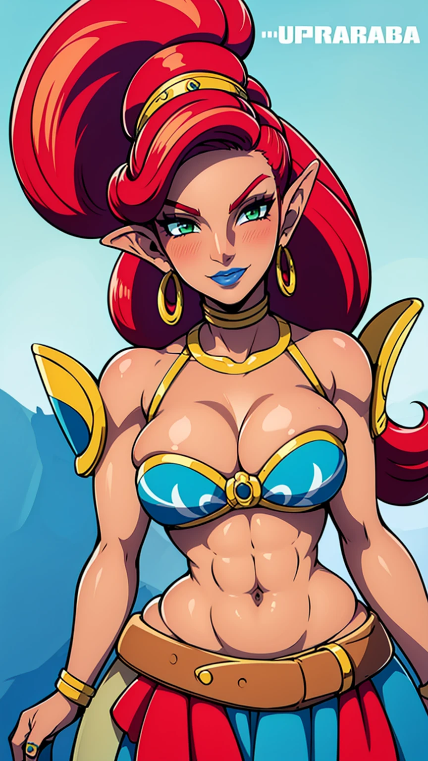 best quality, high resolution, large breasts, red hair, blush, smile, cowboy shot, looking at viewer, Urbosa, blue lip, Green eyes,