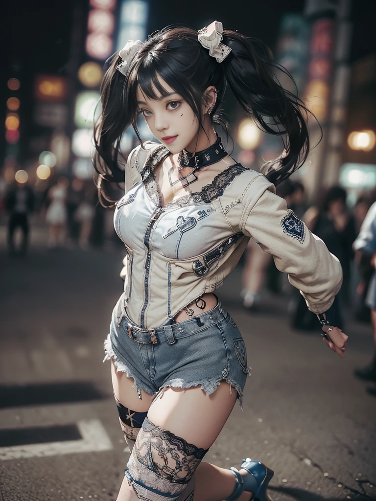 (Full Body View:1.2)、(Full body:1.3)、(Smiling with teeth showing:1.3),(Shibuya Gal:1.5)、(Beautiful:1.4)、(Neo-goth fashion:1.5)、(Punk RockVisual Kei:1.3)、(Futuristic bodysuit in white, beige and denim with embellishments:1.5)、(A delicate short jacket in denim, beige and navy:1.5)、(Denim garter belt:1.5)、(Tattered denim and a white micro mini skirt:1.3)、(Heart-shaped silver accessories:1.5)、(Brown Skin Belt:1.4)、(Blue High Heels:1.4)、(Lace patterned underwear:1.4)、20-year-old、NSFW,((Highest quality、In 8K、masterpiece:1.3))、Sharp focus:1.2、(Layered Cut、Huge boobs:1.1),Beautiful woman with perfect figure:1.4、(Doing an aerobics pose:1.3)、Slender Abs:1.2、Butt、Highly detailed face and skin texture、Detailed eyes、double eyelid,(Twin tails:1.3)、(Black brown hair:1.3)、Obscene、Gravure idol、(Luxurious amusement park at night:1.3)、(Make your legs thinner:1.4)、(Thin thighs:1.4)、(Slim body:1.3)、(clavicle:1.1)