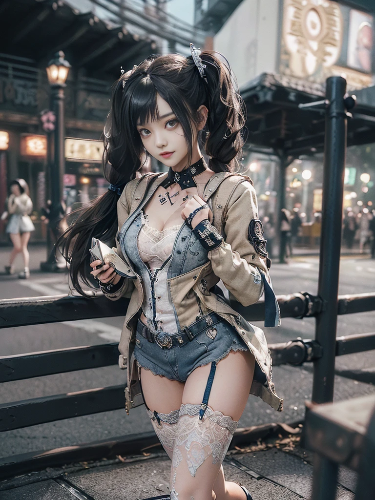 (Full Body View:1.2)、(Full body:1.3)、(Smiling with teeth showing:1.3),(Shibuya Gal:1.5)、(Beautiful:1.4)、(Neo-goth fashion:1.5)、(Punk RockVisual Kei:1.3)、(Futuristic bodysuit in white, beige and denim with embellishments:1.5)、(A delicate short jacket in denim, beige and navy:1.5)、(Denim garter belt:1.5)、(Tattered denim and a white micro mini skirt:1.3)、(Heart-shaped silver accessories:1.5)、(Brown Skin Belt:1.4)、(Blue High Heels:1.4)、(Lace patterned underwear:1.4)、20-year-old、NSFW,((Highest quality、In 8K、masterpiece:1.3))、Sharp focus:1.2、(Layered Cut、Huge boobs:1.1),Beautiful woman with perfect figure:1.4、(Doing an aerobics pose:1.3)、Slender Abs:1.2、Butt、Highly detailed face and skin texture、Detailed eyes、double eyelid,(Twin tails:1.3)、(Black brown hair:1.3)、Obscene、Gravure idol、(Luxurious amusement park at night:1.3)、(Make your legs thinner:1.4)、(Thin thighs:1.4)、(Slim body:1.3)、(clavicle:1.1)