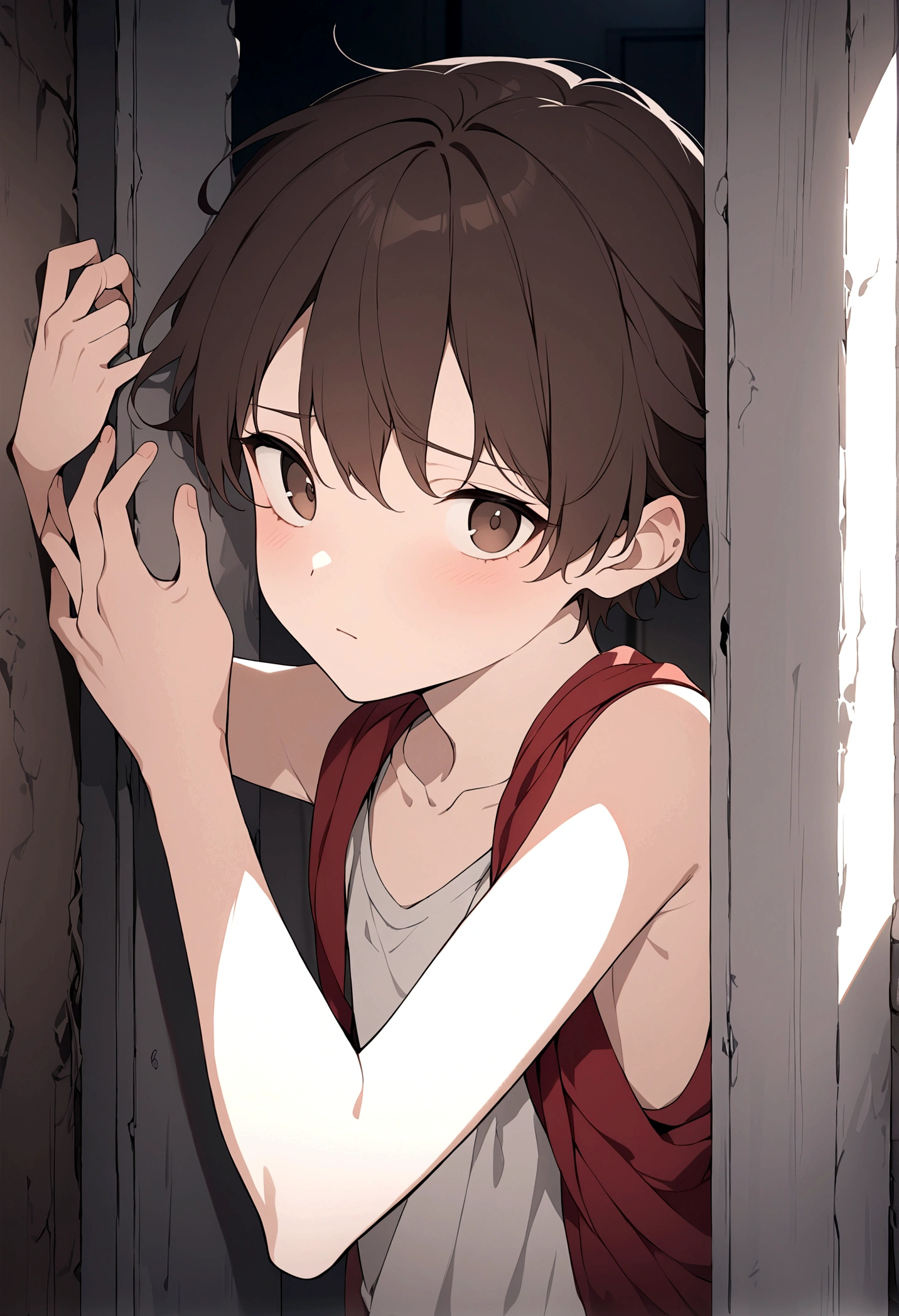(Masterpiece, 32k, 8k, image focused on character's face), young boy, , clothes of an adventurer, tired expression on face, waking up from a long sleep, dark brown hair, dark brown eyes, (two hands appear touching the character's face), character facing the viewer, leaning with his back against the wall of an abandoned house