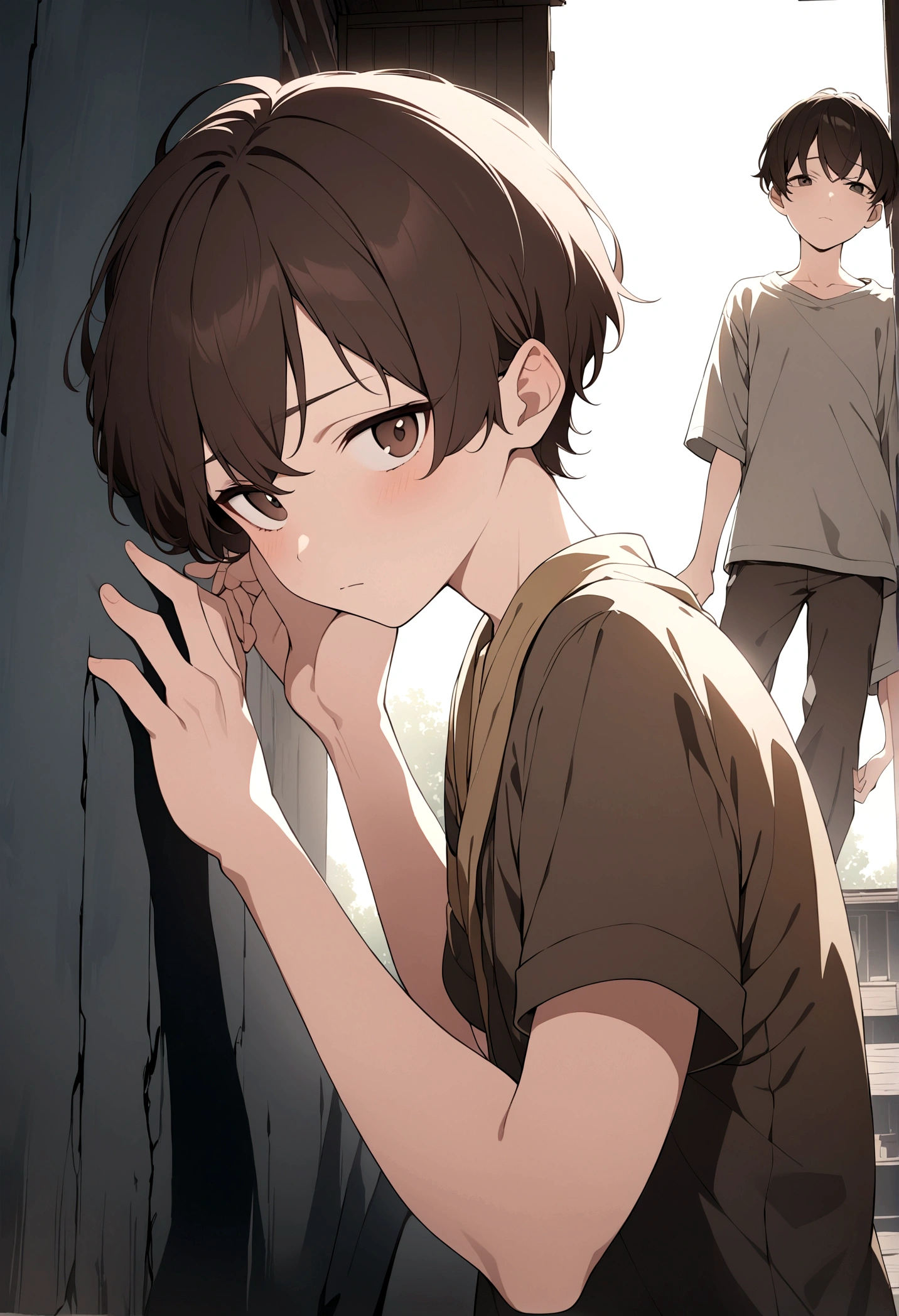 (Masterpiece, 32k, 8k, image focused on character's face), young boy, 13 years old, clothes of an adventurer, tired expression on face, waking up from a long sleep, dark brown hair, dark brown eyes, (two hands appear touching the character's face), character facing the viewer, leaning with his back against the wall of an abandoned house