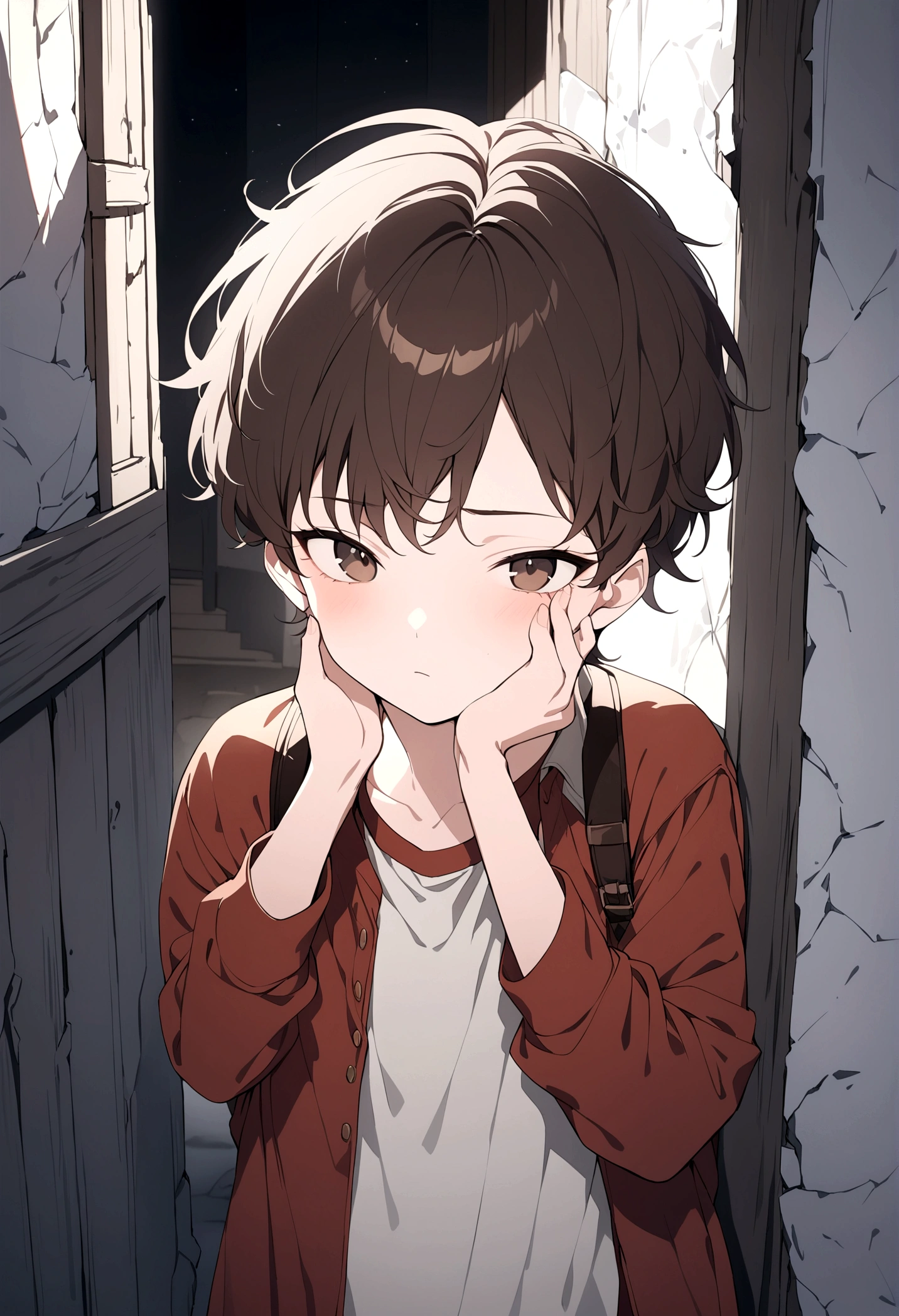 (Masterpiece, 32k, 8k, image focused on character's face), young boy, , clothes of an adventurer, tired expression on face, waking up from a long sleep, dark brown hair, dark brown eyes, (two hands appear touching the character's face), character facing the viewer, leaning with his back against the wall of an abandoned house