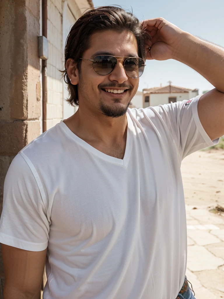 thin white man, latino, brazileiro, thirty years old, with brown hair above and below the ears, with a goatee, eyes browns, with sunglasses, from sideways, Grinning, dressed in a regular shirt.