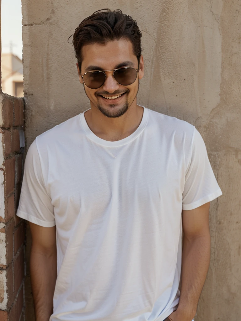 thin white man, latino, brazileiro, thirty years old, with brown hair above and below the ears, with a goatee, eyes browns, with sunglasses, from sideways, Grinning, dressed in a regular shirt.