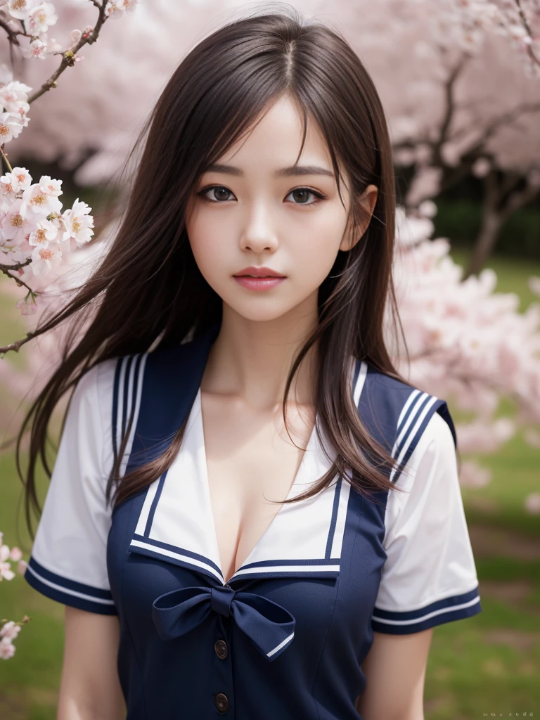 One girl, (Highly detailed eyes, Highly detailed face), Looking for a Smile, (Sailor suit), chest, panties, (Highest quality:1.4), RAW Photos, (Ultra-realistic), (Photorealistic:1.4), Professional photography, Cinematic Light, Cherry tree, spring, Clear sky, Depth of written boundary,