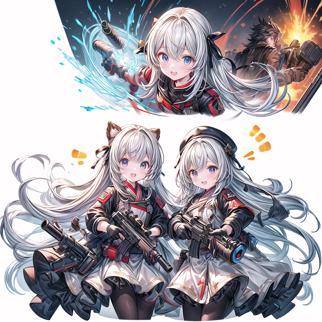 One girl、Dynamic configuration、[17277fbe68],threatened hideo、high quality、Maximum details、(((最high quality、最高masterpiece、Official Art、最高のDynamic configuration)))、(Thin Hair)、(Tabletop, 最high quality), Very detailed, Anime Style, Concept Art、whole body, (masterpiece), 最high quality, Fantasy art,whole body、masterpiece、最high quality、(colorful)、（Beautifully detailed eyes and face）、Cinema Lighting、Extremely detailed CG、Super huge、whole body、wallpaper、Uniforms with weapons in Wonderland, (((Everybody wears red ))), Ammunition belt, gun, machine gun, gatling gun, hand gun,weapons,Barren Land、White Background、