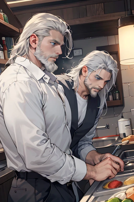 Viking-liked, middle-aged, long grey hair, grey beard, strong, clam, blue eyes, handsome man, white shirt, anime style.