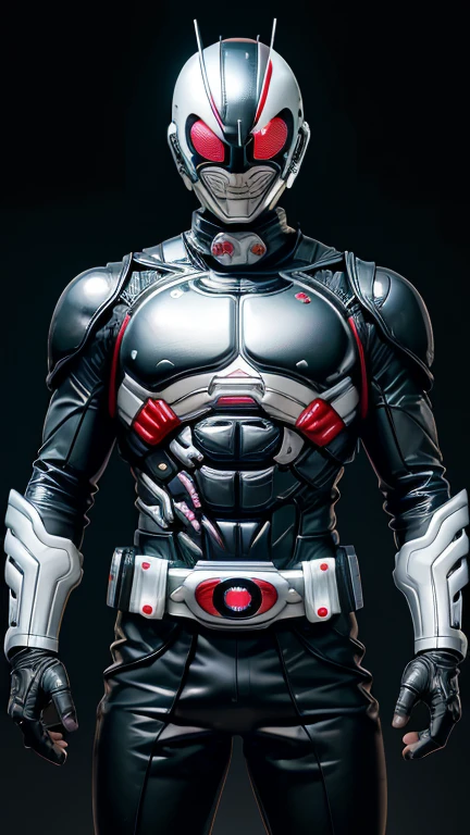 (8k),(masterpiece),(Japanese),(8-year-old boy),((innocent look)),((Childish)),From the front,smile,cute,Innocent,Kind eyes,Flat chest, black helmet, black domino mask,white mask,The Punisher,Bald,No Hair, Henshin Pose,night,dark, Neon light cyberpunk city,Kamen rider,camisa