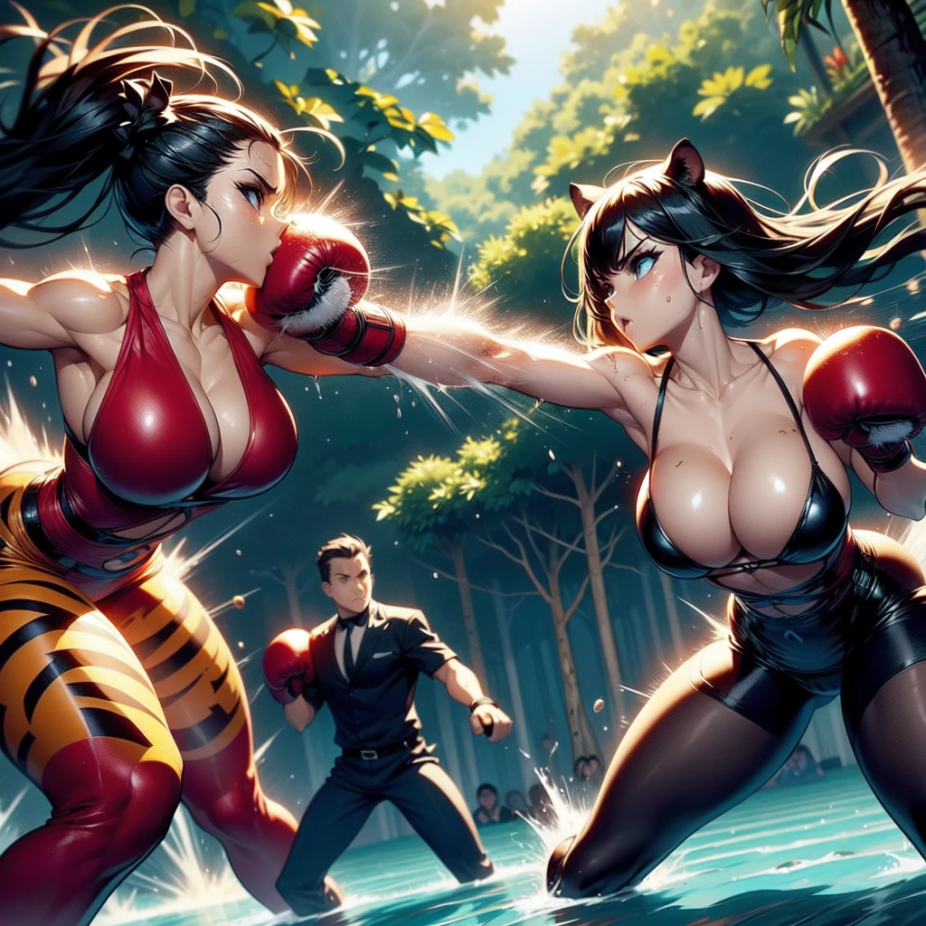NSFW , In the Jungle , Jungle defense fight , Super Small Human and Biggest Panther , Fullbody shot , Wear Panther pattern Monokini swimsuit with pantyhose , Female boxing Face to face, So huge breasts.