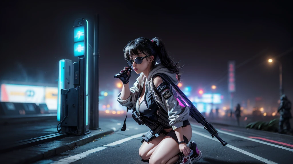 8k, Realistic Skin Texture, Realistic Photo, Neo Tokyo, slim women, large-breast:1.4 cleavage:1.3, AD2050 at night, Dirty hunting jacket, Wearing tube top, miniskirt, (((black sunglasses, automatic rifle, sneakers, cold, shooting pose, very low angle view))), Innovative composition, revenge, cyberpunk, blade runner worldview, Large neon sign, Geisha hologram sign, Strong Wakamoto Sign.