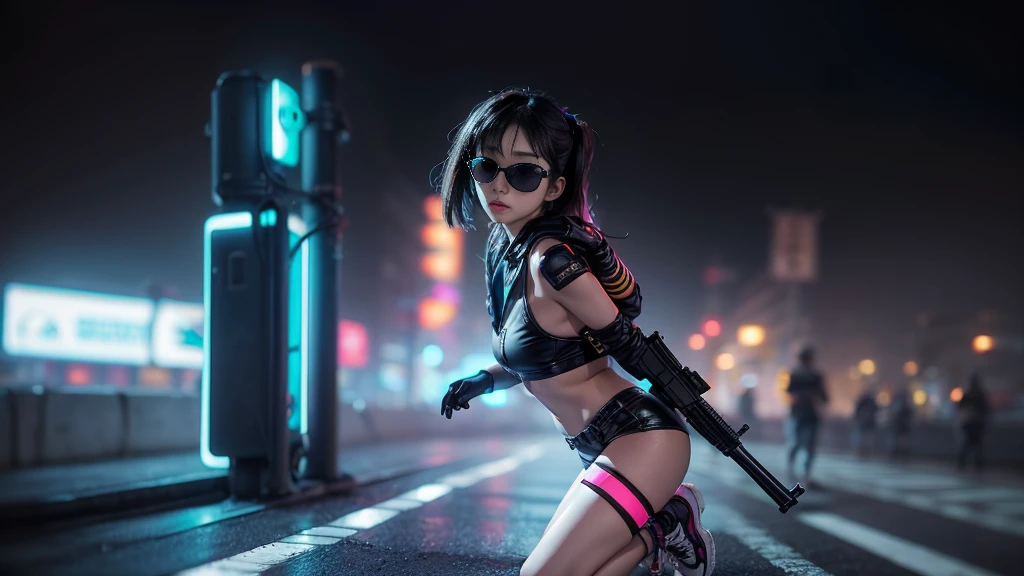 8k, Realistic Skin Texture, Realistic Photo, Neo Tokyo, slim women, large-breast:1.4 cleavage:1.3, AD2050 at night, Dirty hunting jacket, Wearing tube top, miniskirt, (((black sunglasses, automatic rifle, sneakers, cold, shooting pose, very low angle view))), Innovative composition, revenge, cyberpunk, blade runner worldview, Large neon sign, Geisha hologram sign, Strong Wakamoto Sign.