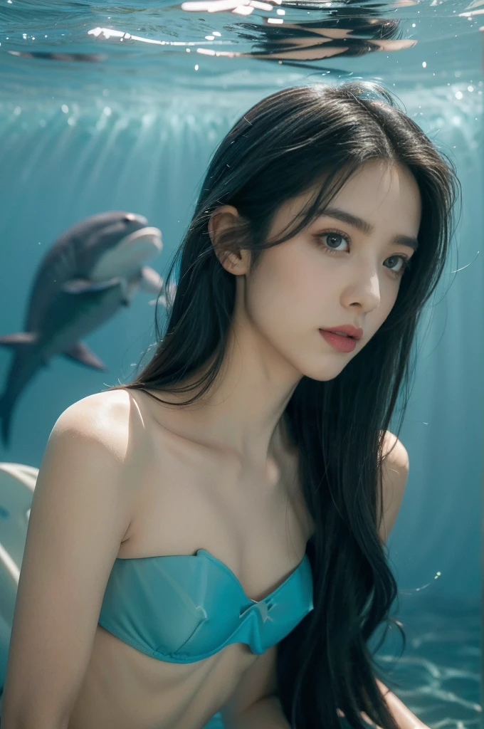 (((best quality))),(((ultra detailed))),(((masterpiece))),illustration,(1 beautiful girl,shark girl,solo),((slim,thin,small breasts,flat chest)),aquarium,summer night,(hooded),(sleek strapless bra:1.3),shimmering hues,enchanting aura,(shoulder length straight bob hair:1.2),ocean-blue locks,shiny seaweed,porcelain skin,neon lights,emerald eyes,sharp gaze,delicate shark fin,translucent membrane,dancing fish,vibrant colors,undulating water,salty scent,distant waves,coral reef,gentle shadows,serene ambiance,electric atmosphere,Alezandra,oceanic magic,allure,enchantment,vision,extraordinary presence,((from front,close-up of face))