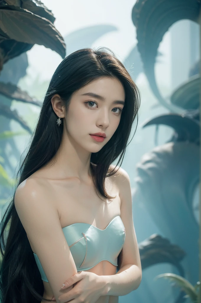 (((best quality))),(((ultra detailed))),(((masterpiece))),illustration,(1 beautiful girl,shark girl,solo),((slim,thin,small breasts,flat chest)),aquarium,summer night,(hooded),(sleek strapless bra:1.3),shimmering hues,enchanting aura,(shoulder length straight bob hair:1.2),ocean-blue locks,shiny seaweed,porcelain skin,neon lights,emerald eyes,sharp gaze,delicate shark fin,translucent membrane,dancing fish,vibrant colors,undulating water,salty scent,distant waves,coral reef,gentle shadows,serene ambiance,electric atmosphere,Alezandra,oceanic magic,allure,enchantment,vision,extraordinary presence,((from front,close-up of face))
