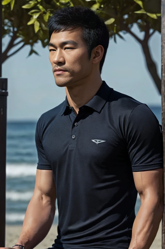 young asian man in a black polo shirt sitting on the grass with a serious expression, looking into the distance Turn your head slightly.，daytime (Create a masterpiece: 1.2),(CGI art:1.3),(realistic:1.5),(After processing:1.3), (Sharp focus:1.3), 1 man, open mouth, smile, (Shirt with open buttons), Navy cargo pants, Korean guy , korean men, (High gloss details), chest muscles, large arm muscles, blood vessel, Big muscles, Broad shoulders, looking at the audience, Balancing the eyes, seaside beach sunshine looking at the sea