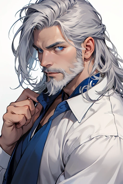 Viking-liked, middle-aged, long grey hair, grey beard, strong, clam, blue eyes, handsome man, white shirt, anime style.